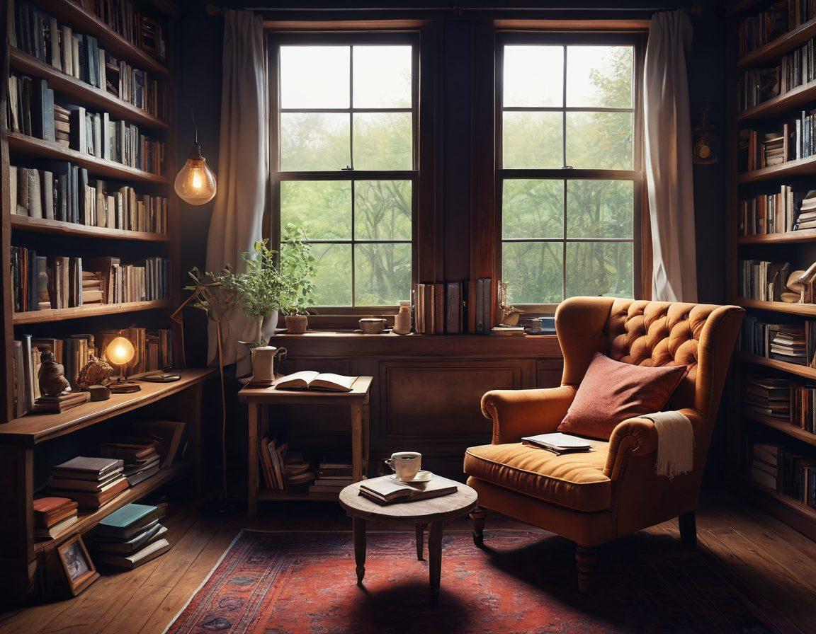 A cozy reading nook filled with an eclectic mix of books from various genres, a steaming cup of tea on a small wooden table beside a comfortable chair. On the walls, imaginative book covers come to life, illustrating fantasy, mystery, and romance. Warm, inviting light filters through a window, creating an atmosphere of inspiration and relaxation. super-realistic. vibrant colors. soft focus.