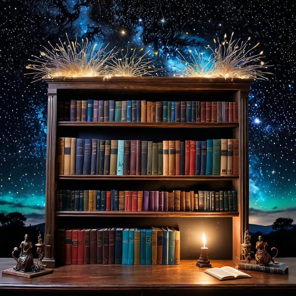 A visually captivating bookshelf filled with an array of classic and contemporary novels, each spine colorful and inviting. Surrounding the bookshelf, ethereal wisps of storytelling elements like quills, ink pots, and floating book pages. Above the shelf, a dreamy starry night sky symbolizes the limitless imagination of storytelling. The scene emanates a sense of warmth and inspiration, perfect for a bibliophile's journey. super-realistic. vibrant colors. cozy ambiance.