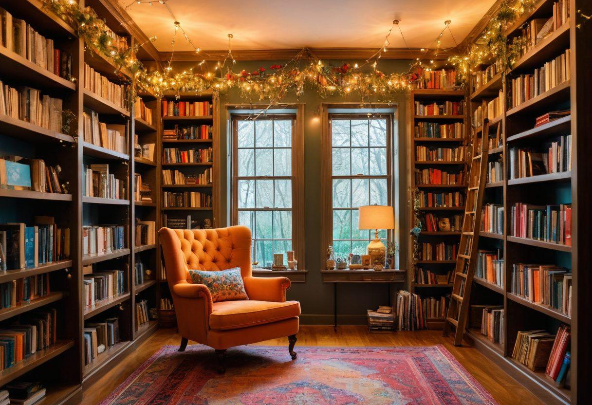 A whimsical library with towering bookshelves filled with colorful books from various genres, including fantasy, mystery, and science fiction. A cozy reading nook with a comfy chair and a warm lamp casts a soft glow over an open book. A delicate sprinkle of stardust and whimsical fairy lights is woven through the shelves, symbolizing 'hidden gems.' The scene evokes a sense of adventure and discovery. vibrant colors. dreamy illustration.